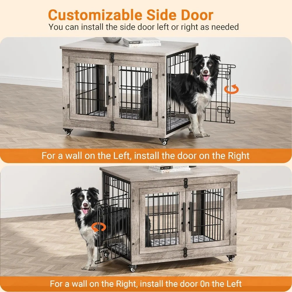 Lulive Dog Crate Furniture, Dog Kennel Indoor Double Doors Wooden Dog Cage, 33'' Heavy Duty Crate with Cushion & Wheels