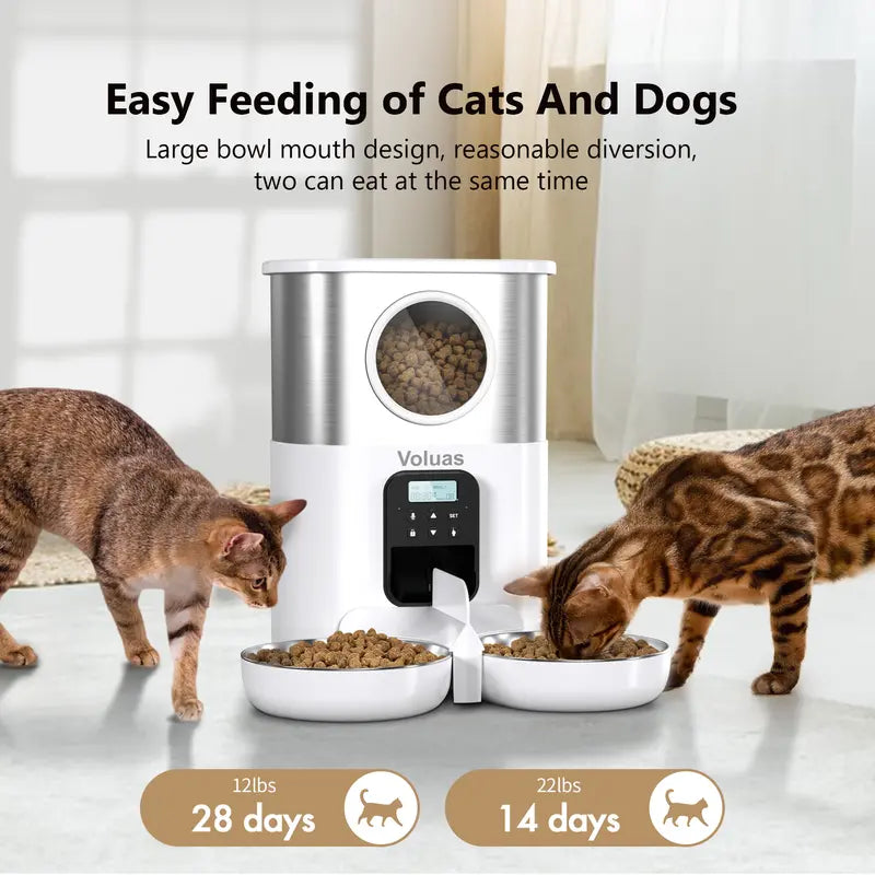 VOLUAS Automatic Cat Feeders for Two Cats, Pet Feeder for Cats and Dogs Timed Cat Feeder Pet Dry Food Dispenser, White