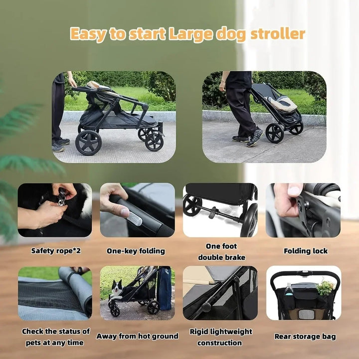 For Medium/Large Dogs 4 Wheel Pet Stroller Foldable Dog Stroller for with Storage Pocket Suitable for Pets up to 110LBS