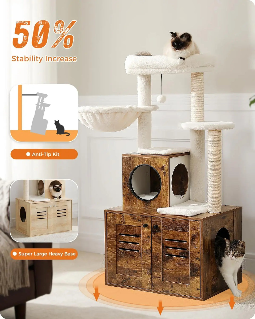 MUTTROS Cat Tower Large Cat Tree with Foldable Litter Box, 50" Rustic Brown