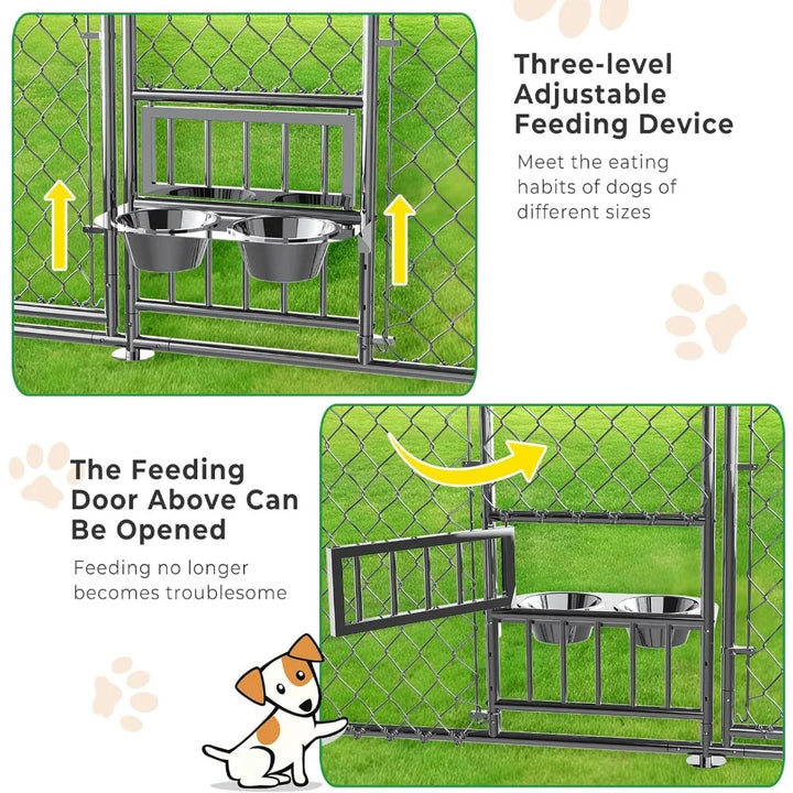 7.5 X 7.5 X 5.6 Ft. Outdoor Dog House with Roof and Bowl,Large Dog House Fence with Side Rails, Heavy-Duty Chain Link Dog House