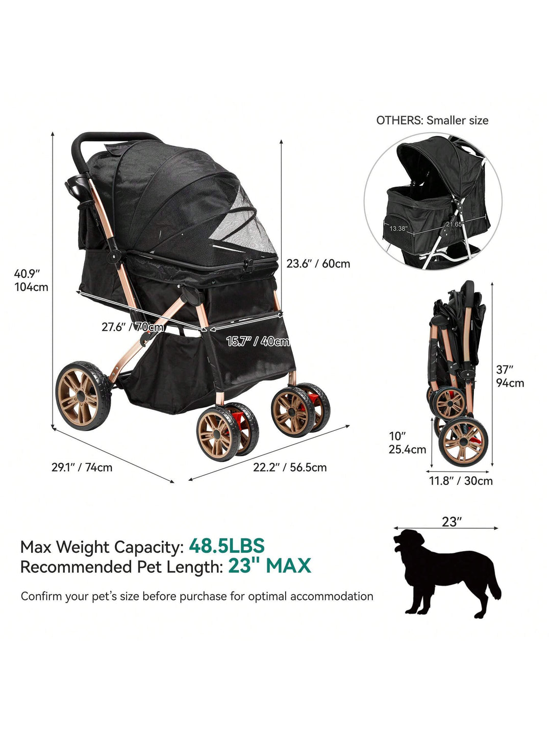 Homnibu Dog Stroller for Medium Small Dogs, Upgraded Version with Larger Room, Foldable Pet Stroller with 360° Rotation Wheel, Cat Kitty Puppy Stroller with Storage Basket (Black)