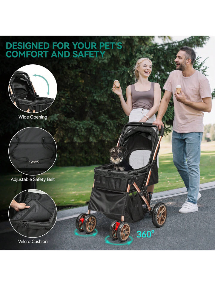 Homnibu Dog Stroller for Medium Small Dogs, Upgraded Version with Larger Room, Foldable Pet Stroller with 360° Rotation Wheel, Cat Kitty Puppy Stroller with Storage Basket (Black)