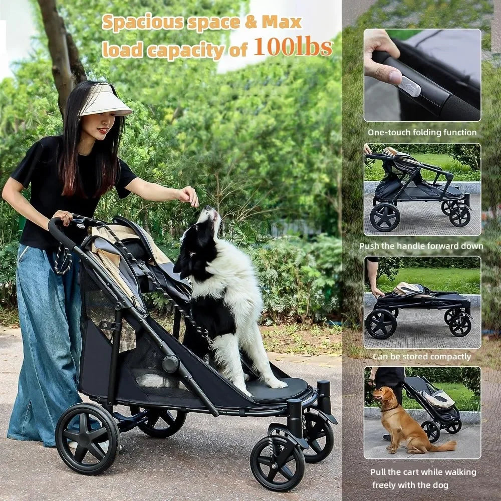 For Medium/Large Dogs 4 Wheel Pet Stroller Foldable Dog Stroller for with Storage Pocket Suitable for Pets up to 110LBS