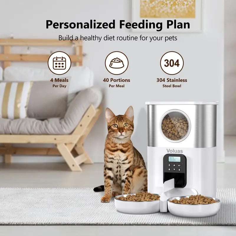 VOLUAS Automatic Cat Feeders for Two Cats, Pet Feeder for Cats and Dogs Timed Cat Feeder Pet Dry Food Dispenser, White