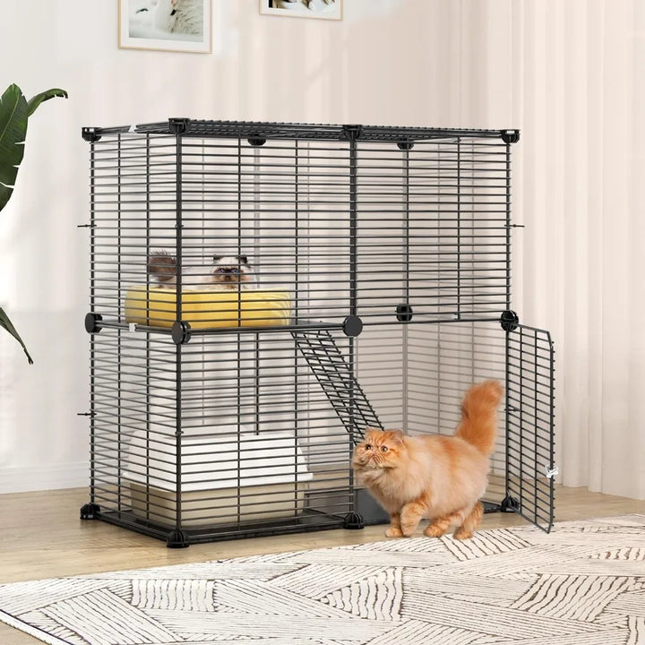 Indoor Cat Cage 2 Tier Kitten Cage House Cat Enclosure Outdoor Small Animal DIY Pet Playpen Detachable Metal Kennel