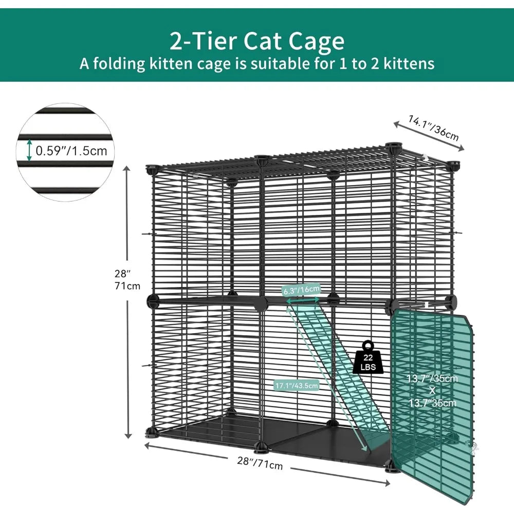 Indoor Cat Cage 2 Tier Kitten Cage House Cat Enclosure Outdoor Small Animal DIY Pet Playpen Detachable Metal Kennel