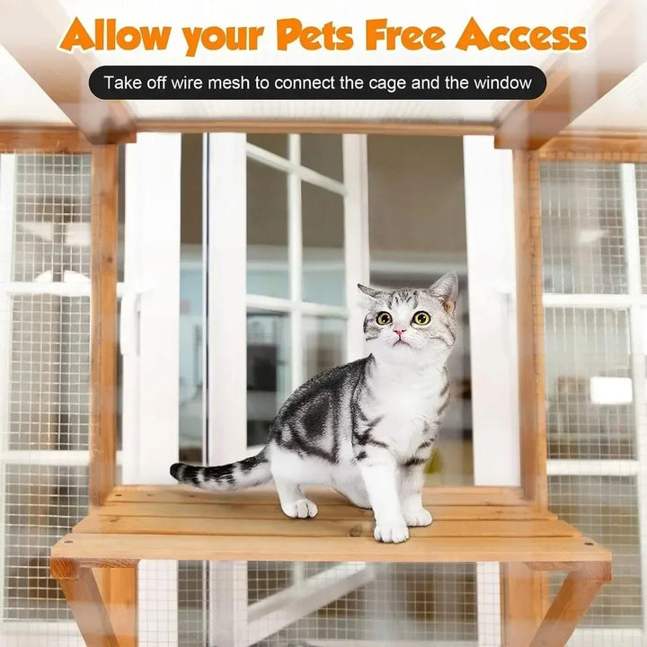 Large Cat House Outdoor Catio Cat Play Run Enclosures Indoor Kitty Window Cage with Waterproof Roof 7 Platforms 2 Resting Box