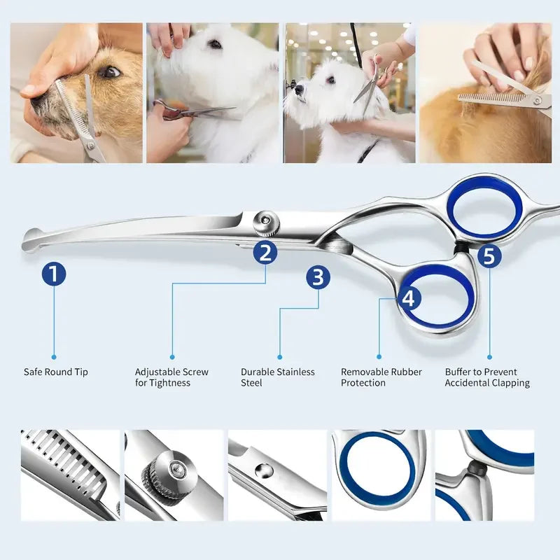 Professional Pet Grooming Scissors with round Head - Stainless Steel Dog Hair Shears for Effortless Trimming - Safe and Precise 