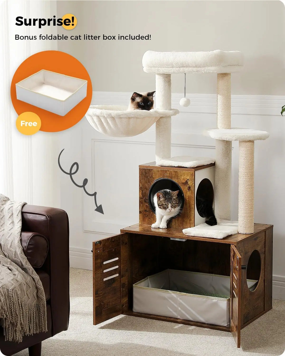 MUTTROS Cat Tower Large Cat Tree with Foldable Litter Box, 50" Rustic Brown