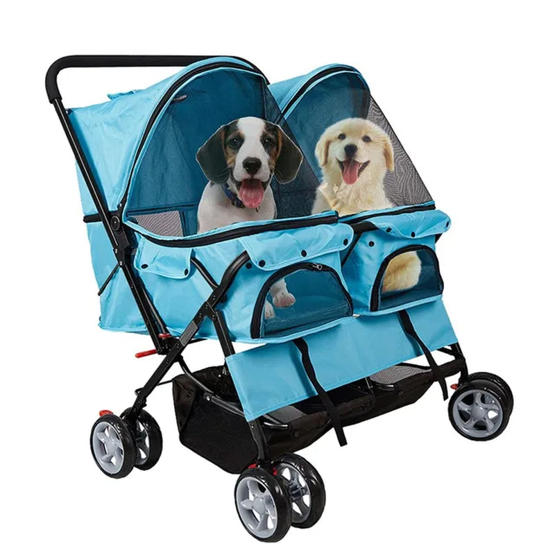 Double Pet Stroller Foldable Doggy Stroller Two-Seater Carrier Strolling Cart for Dog Cat Easy to Set up Rear Wheel Brake System