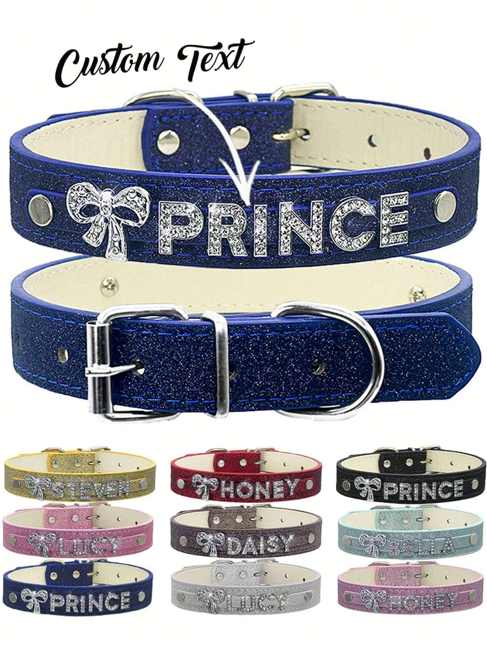 Personalized Dog Collar PU Leather Puppy Cat ID Collars with Rhinestone ID Name, Customized Dog Pendant Tag Decoration - Accessory for Small Medium and Large Dogs