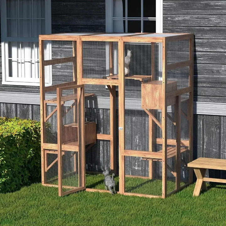 Large Cat House Outdoor Catio Cat Play Run Enclosures Indoor Kitty Window Cage with Waterproof Roof 7 Platforms 2 Resting Box