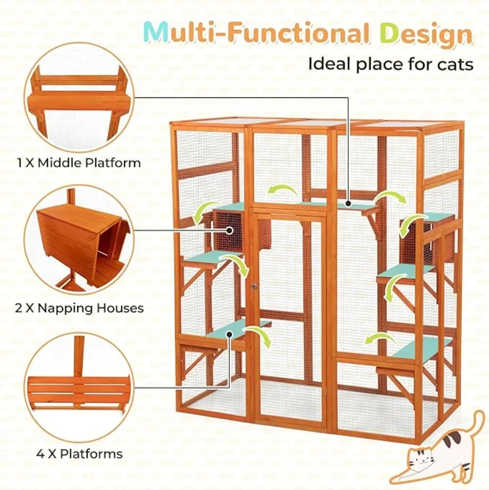 Large Cat House Outdoor Catio Cat Play Run Enclosures Indoor Kitty Window Cage with Waterproof Roof 7 Platforms 2 Resting Box