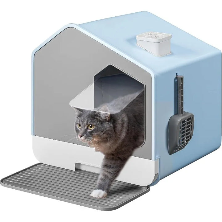 Enclosed Cat Litter Box with Mat and Litter Scoop, Odorless Anti-Splashing XL Covered Hooded Cat Box, No Installation Needed