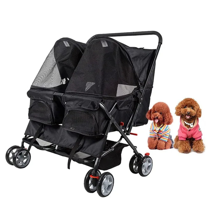 Double Pet Stroller Foldable Doggy Stroller Two-Seater Carrier Strolling Cart for Dog Cat Easy to Set up Rear Wheel Brake System