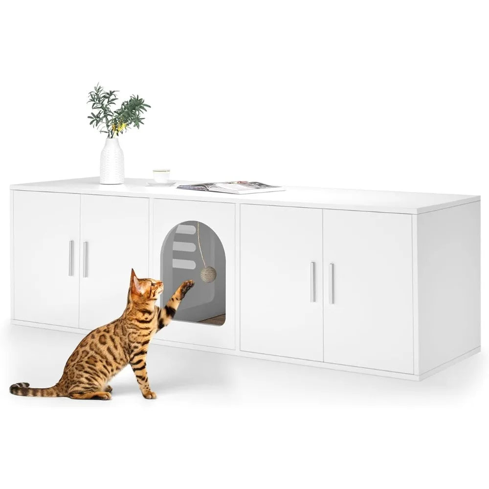 Litter Box Enclosure for 2 Cats, Cat Litter Box Enclosure Furniture with Double Room, Wooden Litter Box Furniture with Cat Door