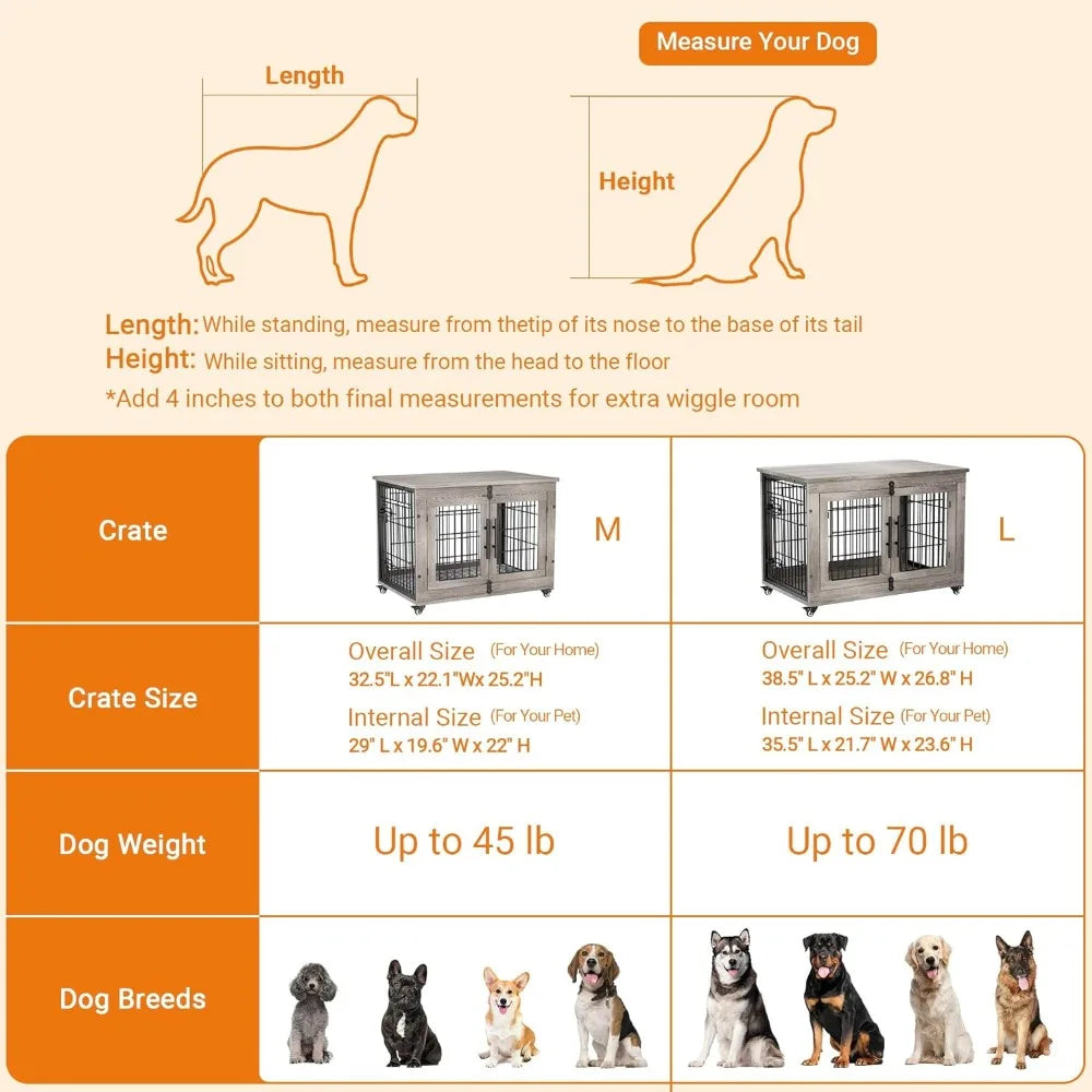 Lulive Dog Crate Furniture, Dog Kennel Indoor Double Doors Wooden Dog Cage, 33'' Heavy Duty Crate with Cushion & Wheels