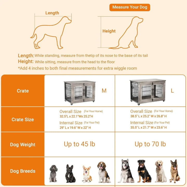 Lulive Dog Crate Furniture, Dog Kennel Indoor Double Doors Wooden Dog Cage, 33'' Heavy Duty Crate with Cushion & Wheels