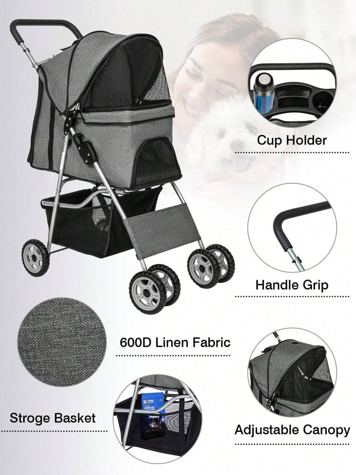 4Wheels Pet Stroller Dog Cat Jogger Stroller for Medium Small Dogs Cats Folding Lightweight Travel Stroller with Cup Holder