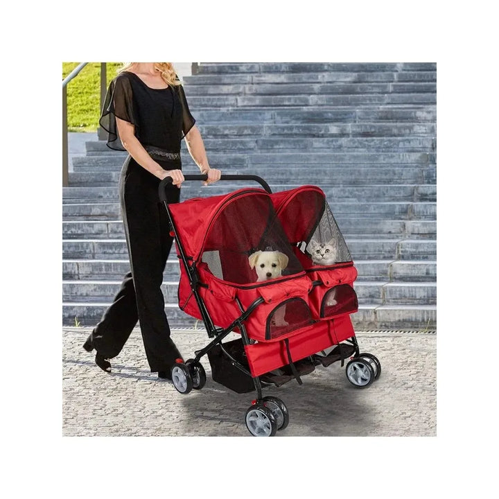 Double Pet Stroller Foldable Doggy Stroller Two-Seater Carrier Strolling Cart for Dog Cat Easy to Set up Rear Wheel Brake System