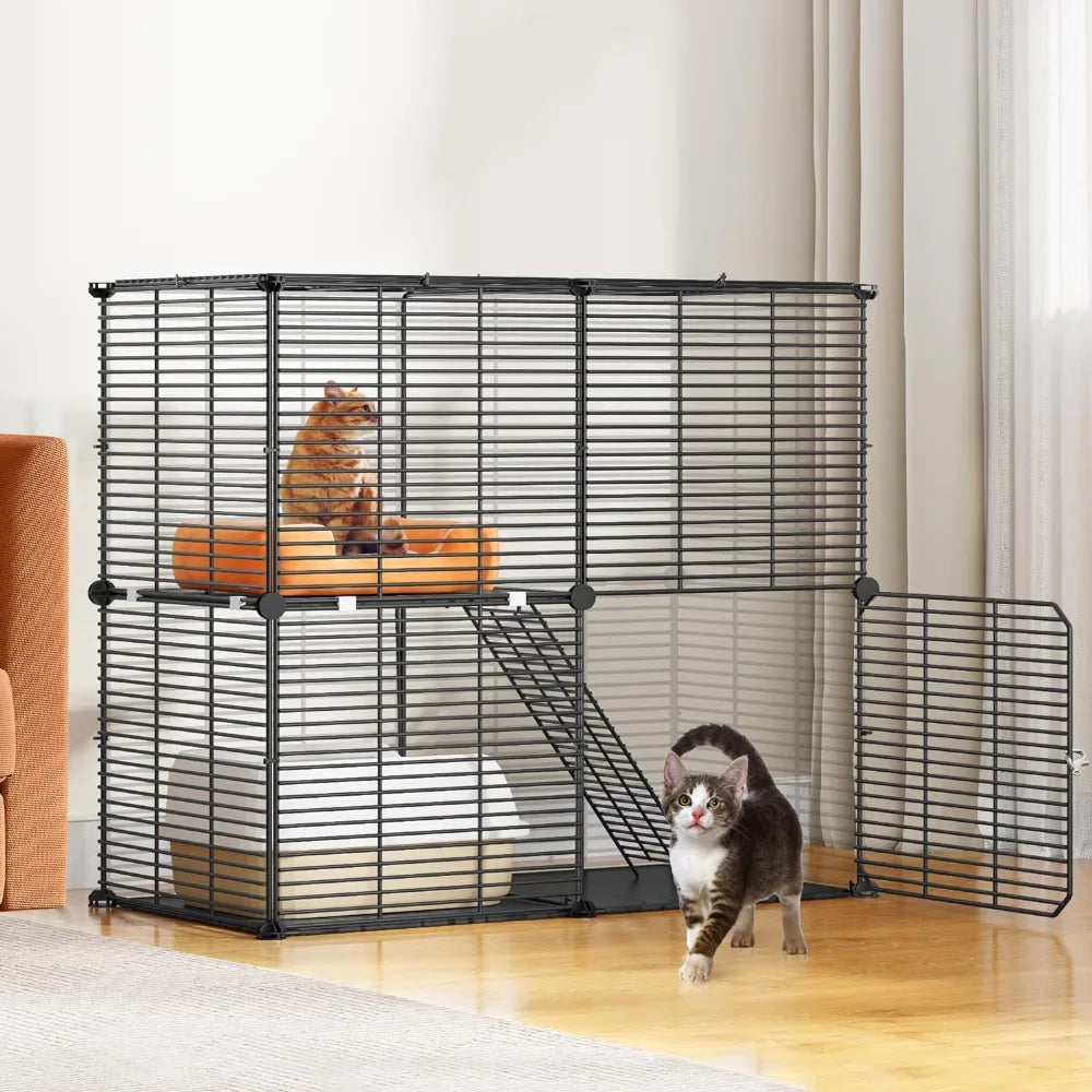 Indoor Cat Cage 2 Tier Kitten Cage House Cat Enclosure Outdoor Small Animal DIY Pet Playpen Detachable Metal Kennel