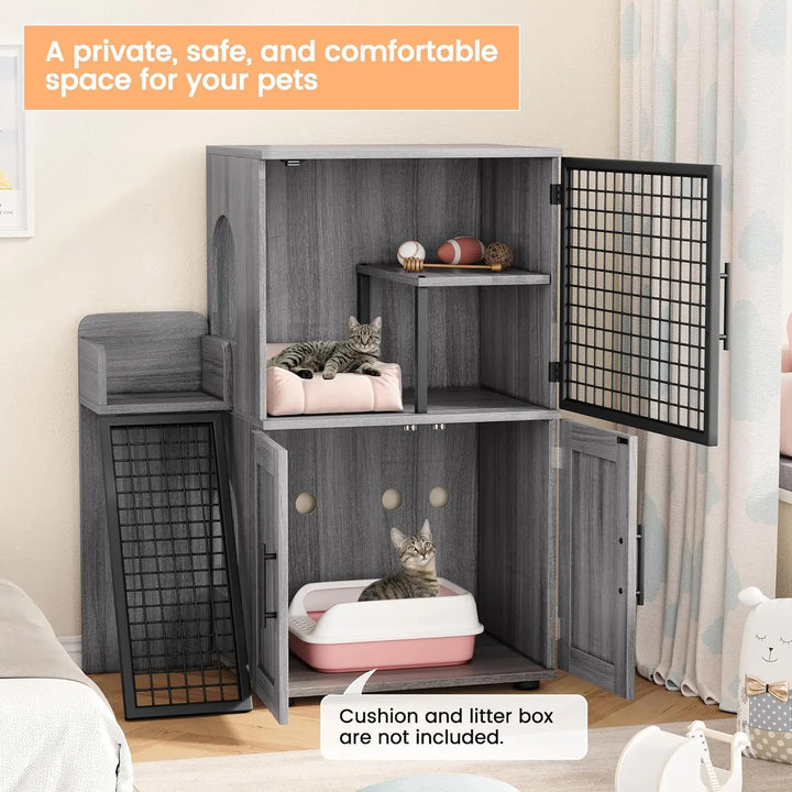 Cat Litter Box Enclosure with Platform, Double Layer Cat Litter Hidden Furniture, Hidden Cat Litter Box Enclosure