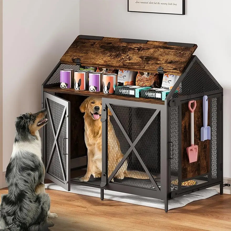 Dog Crate Furniture, Dog Kennels with Storage, Heavy Duty House Style Dog Pet Home with Two Doors Carpet and Bowls, Re