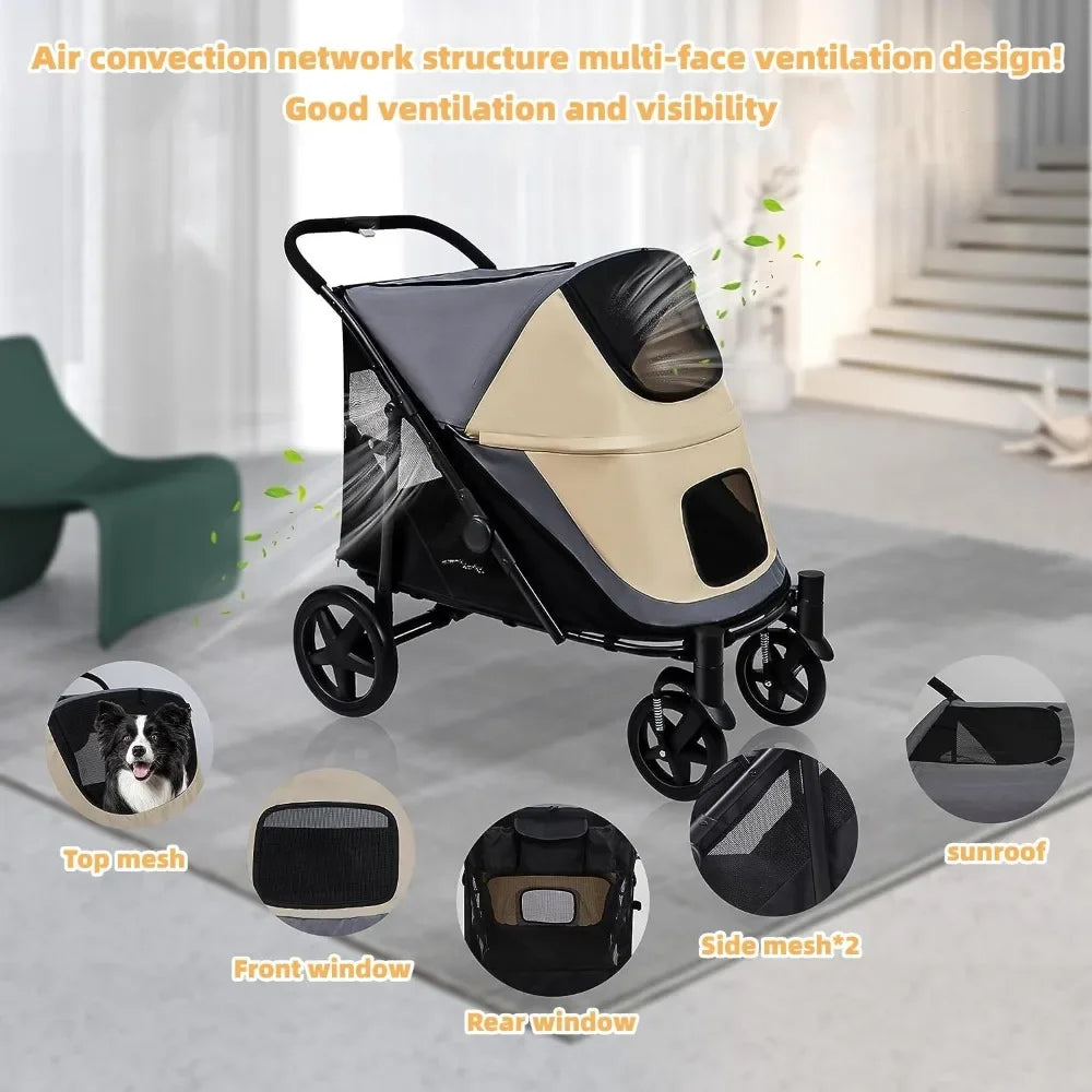 For Medium/Large Dogs 4 Wheel Pet Stroller Foldable Dog Stroller for with Storage Pocket Suitable for Pets up to 110LBS