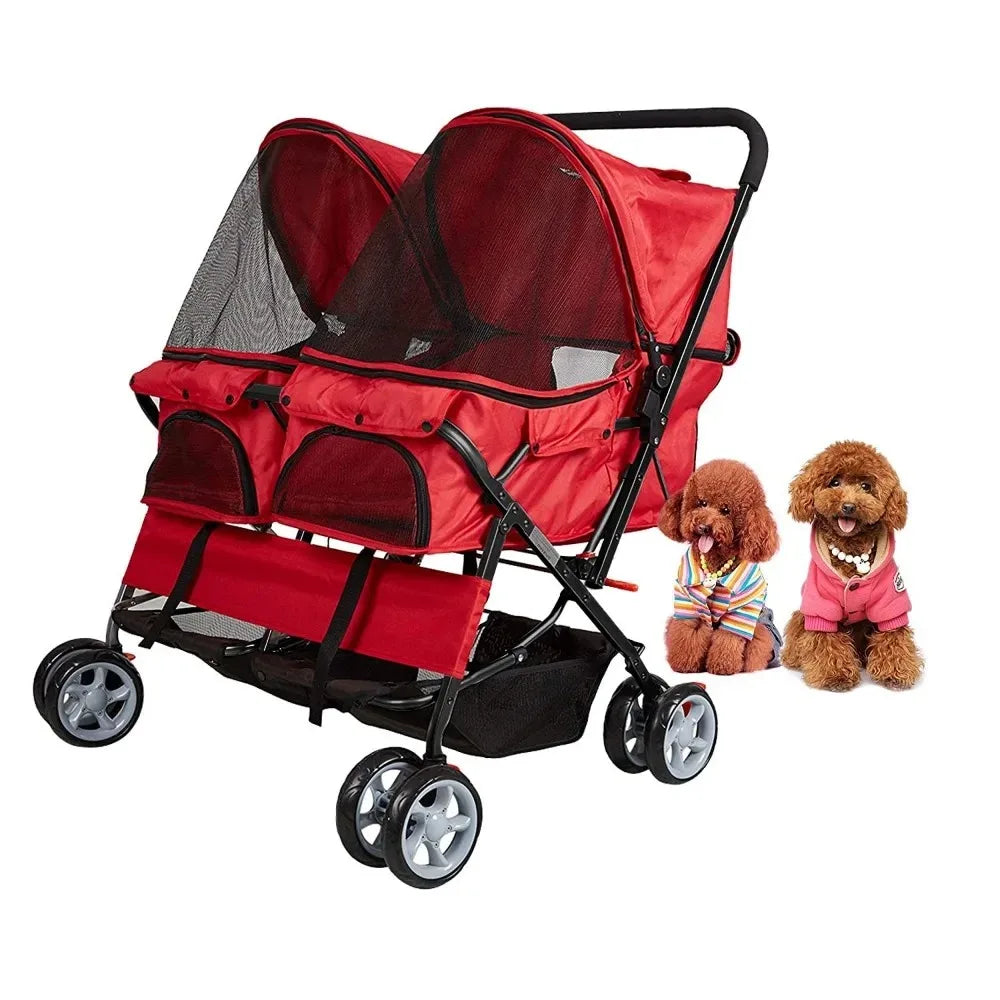 Double Pet Stroller Foldable Doggy Stroller Two-Seater Carrier Strolling Cart for Dog Cat Easy to Set up Rear Wheel Brake System