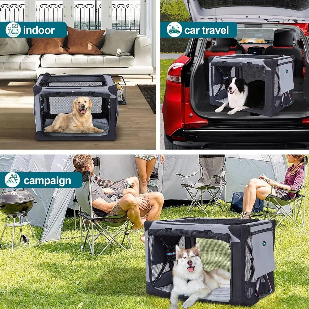 Ownpets Collapsible Dog Crate 32 Inch Portable Travel Dog Soft Crate with Detachable Storage Bag and Double-Sided Mat, 3-Door Do