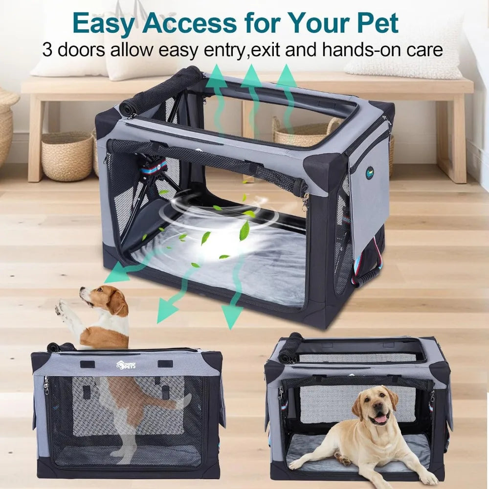 Ownpets Collapsible Dog Crate 32 Inch Portable Travel Dog Soft Crate with Detachable Storage Bag and Double-Sided Mat, 3-Door Do