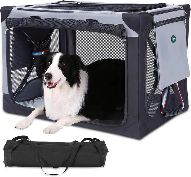 Ownpets Collapsible Dog Crate 32 Inch Portable Travel Dog Soft Crate with Detachable Storage Bag and Double-Sided Mat, 3-Door Do