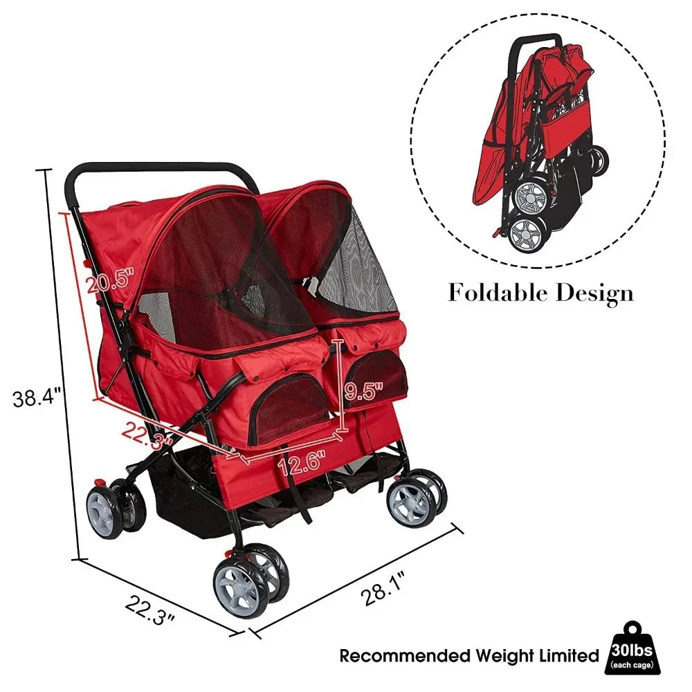 Double Pet Stroller Foldable Doggy Stroller Two-Seater Carrier Strolling Cart for Dog Cat Easy to Set up Rear Wheel Brake System