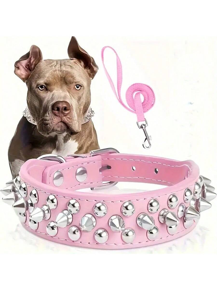 Spiked Dog Collar and Leash Set, Rivet Leather Dog Collar Adjustable Dog Collar for Outdoor Walking