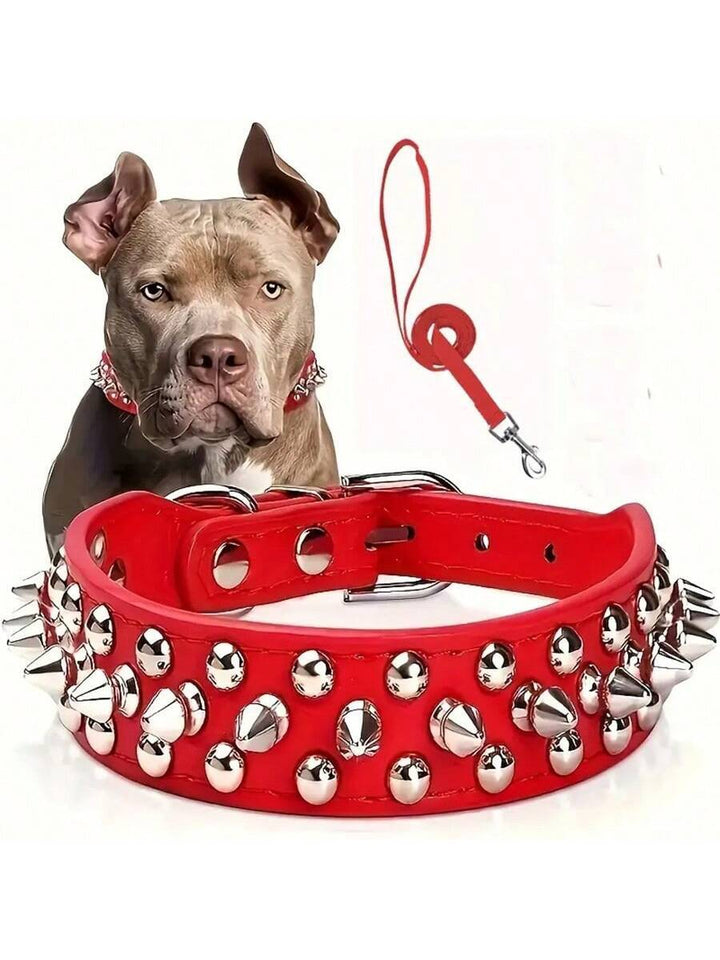 Spiked Dog Collar and Leash Set, Rivet Leather Dog Collar Adjustable Dog Collar for Outdoor Walking