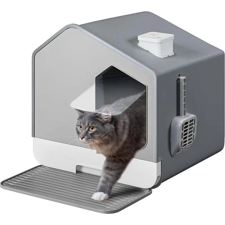 Enclosed Cat Litter Box with Mat and Litter Scoop, Odorless Anti-Splashing XL Covered Hooded Cat Box, No Installation Needed