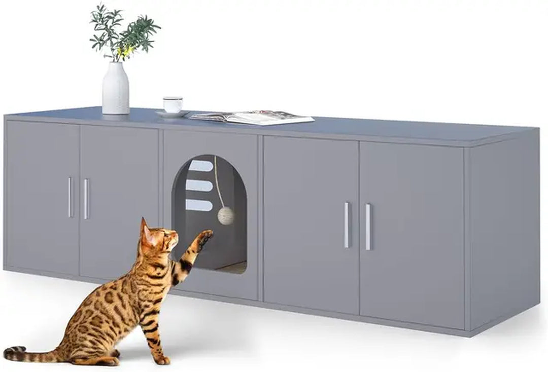 Litter Box Enclosure for 2 Cats, Cat Litter Box Enclosure Furniture with Double Room, Wooden Litter Box Furniture with Cat Door