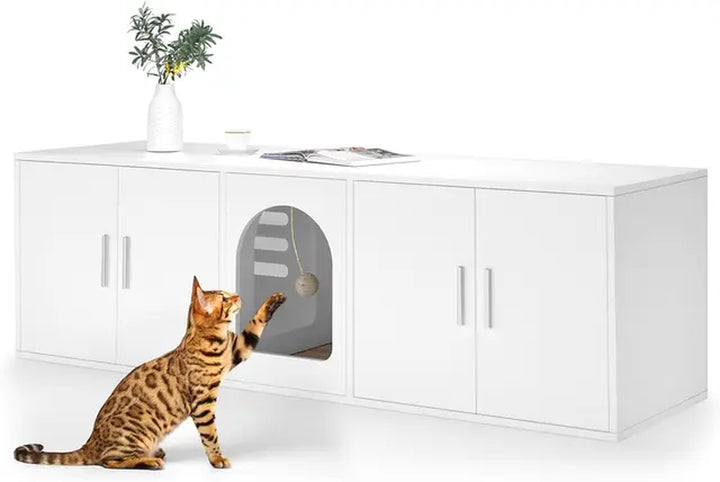 Litter Box Enclosure for 2 Cats, Cat Litter Box Enclosure Furniture with Double Room, Wooden Litter Box Furniture with Cat Door