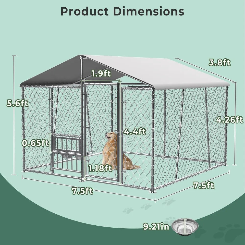 7.5 X 7.5 X 5.6 Ft. Outdoor Dog House with Roof and Bowl,Large Dog House Fence with Side Rails, Heavy-Duty Chain Link Dog House