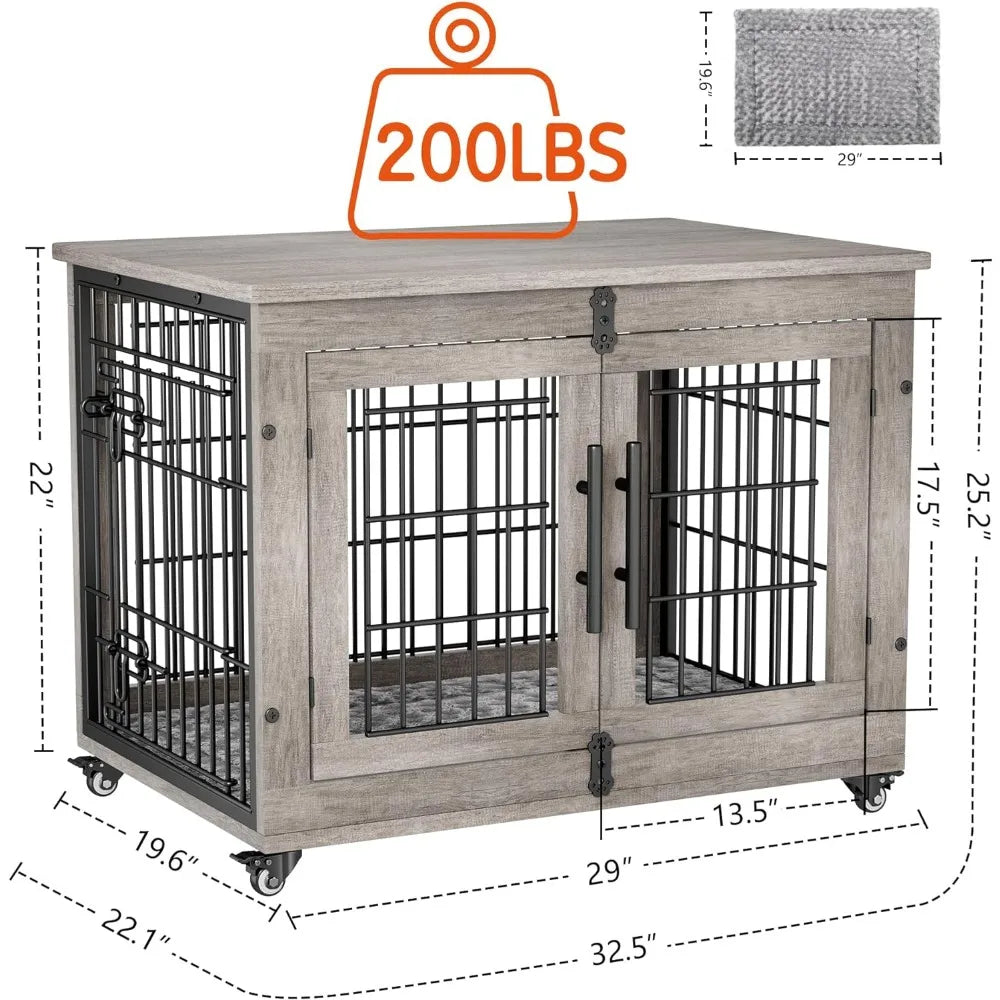 Lulive Dog Crate Furniture, Dog Kennel Indoor Double Doors Wooden Dog Cage, 33'' Heavy Duty Crate with Cushion & Wheels